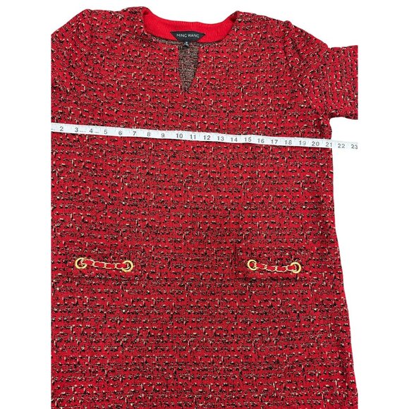 Ming Wang Womens Red Textured Knit Dress With Gold Chain Accents Size M - Picture 5 of 8